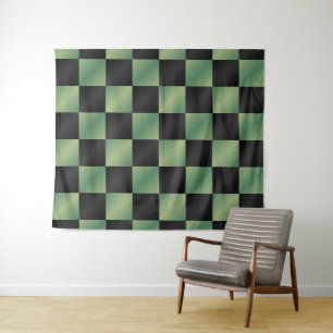 Modern Olive Green Black Gradient Chequered  Tapestry