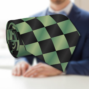Modern Olive Green Black Gradient Chequered  Tie