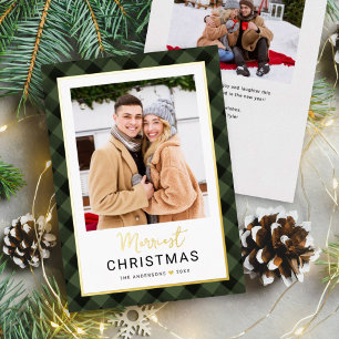 Modern Olive Green Buffalo Plaid Christmas Photo