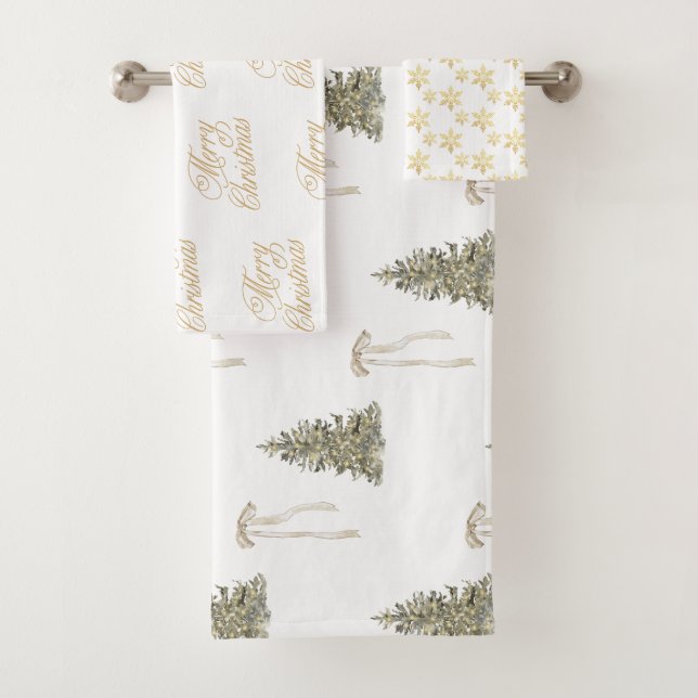 Modern Olive Green Christmas Trees & Bows  Bath Towel Set (Insitu)