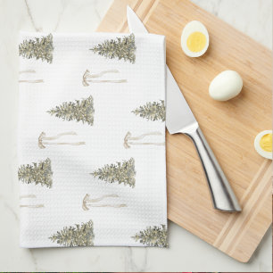 Modern Olive Green Christmas Trees & Bows  Tea Towel