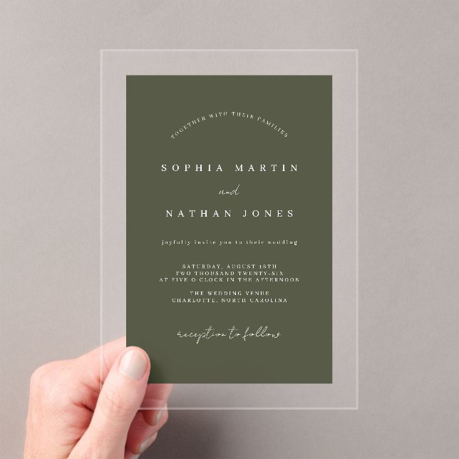 Modern Olive Green Clear Minimalist Wedding  Acrylic Invitations (Insitu (Handheld))
