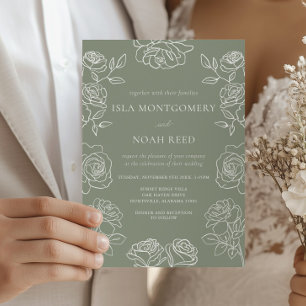Modern Olive Green French Roses Wedding Invitation