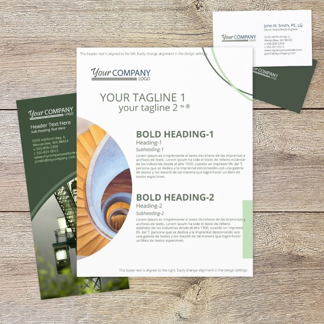 Modern Olive Green, Geometric Photo Shapes Sales Flyer (olive green company branding flyer with modern block text and geometric shaped photos)