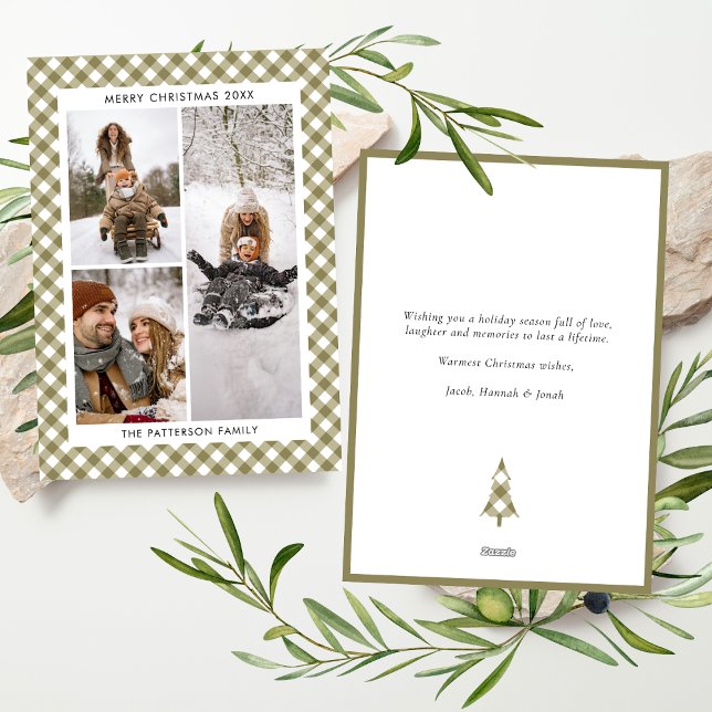 Modern Olive Green Gingham Plaid 3 Photo Christmas Holiday Card (Creator Uploaded)