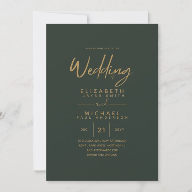 Modern Olive Green Gold Wedding Invites (Front)