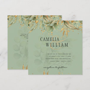Modern Olive Green Leaves Gold Wedding Invite