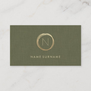 Modern Olive Green Linen Elegant Gold Monogram Business Card