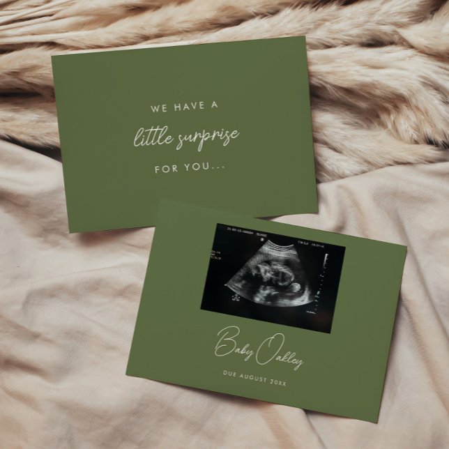 Modern Olive Green "Little Surprise" Pregnancy Announcement (Creator Uploaded)