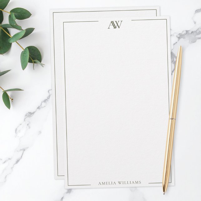 Modern Olive Green Minimalist Elegant Monogram Stationery (Creator Uploaded)