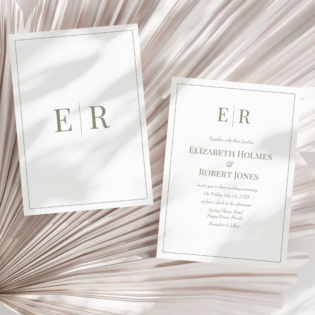 Modern Olive Green Monogram Non Photo Wedding  Invitation (Olive Minimalist Monogram Non Photo Wedding Invitation on a sunny neutral dry palm leaf.)