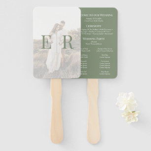 Modern Olive Green Monogram Photo Wedding Program Hand Fan
