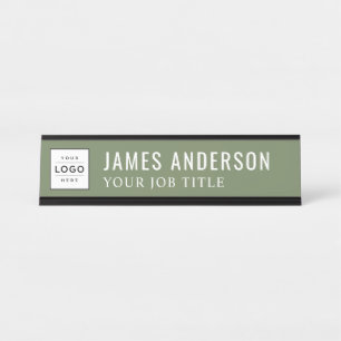 Modern Olive Green Personalised Business Logo Desk Name Plate