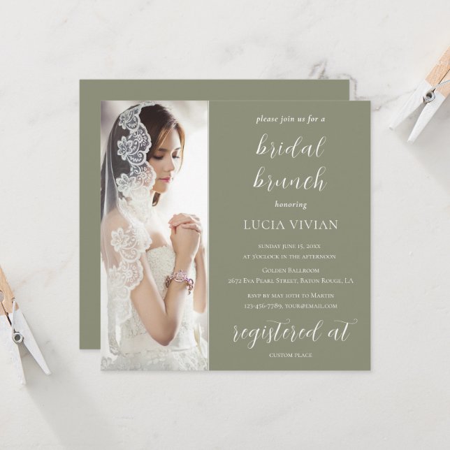 Modern Olive Green Photo Bridal Shower Brunch Invitation (Front/Back In Situ)