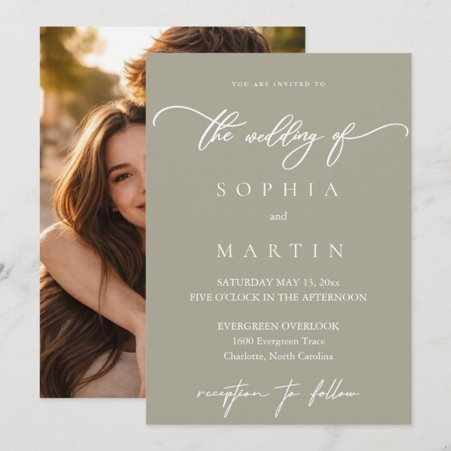 Modern Olive Green Photo Wedding Invitation (Front/Back)