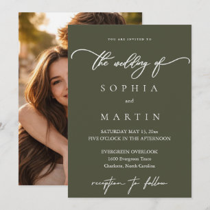 Modern Olive Green Photo Wedding Invitation