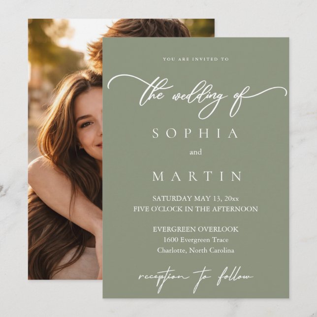 Modern Olive Green Photo Wedding Invitation (Front/Back)