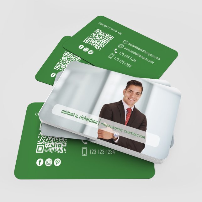 Modern Olive Green QR Code Photo Networking Card (Modern green QR code card with clean white contact details and social icons)