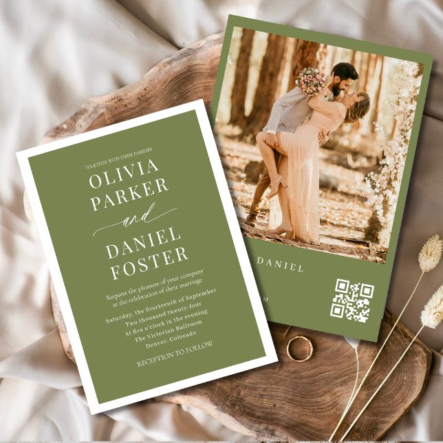 Modern Olive Green QR Code Photo Wedding Invitation (Creator Uploaded)