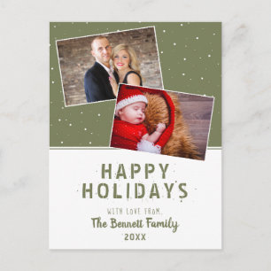 Modern Olive Green Snowflake Holiday 2 Photo Postcard