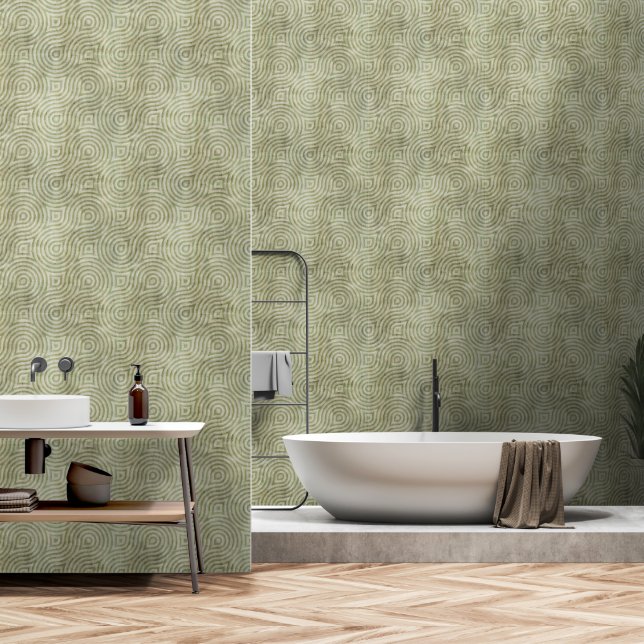 Modern Olive Green Swirled Abstract Geometric Wallpaper (Bathroom)