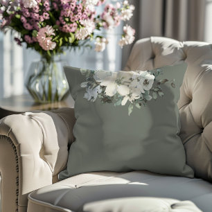 Modern Olive Green Watercolor Floral  Cushion