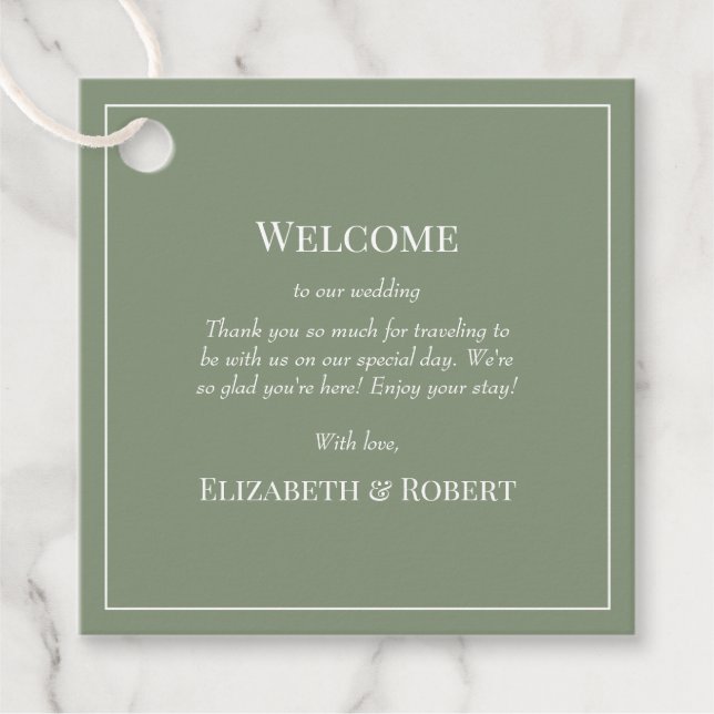 Modern Olive Green Wedding Welcome Gift Tag (Front)