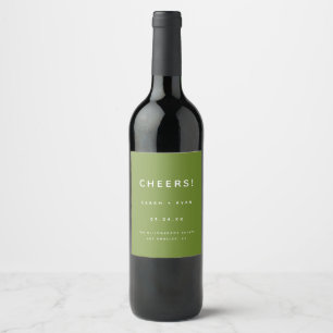 Modern Olive Green & White "Cheers!" Wedding Wine Label