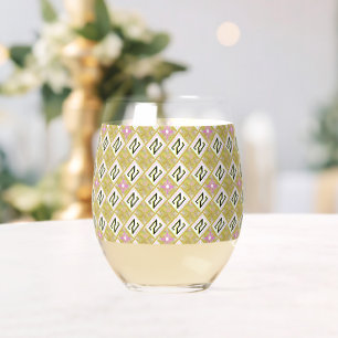 Modern Olive & Magenta Geometric Tribal Pattern Stemless Wine Glass