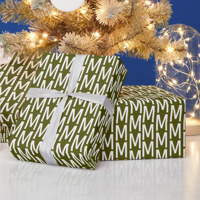 Modern olive moss green custom monogram initial wrapping paper (Holidays)