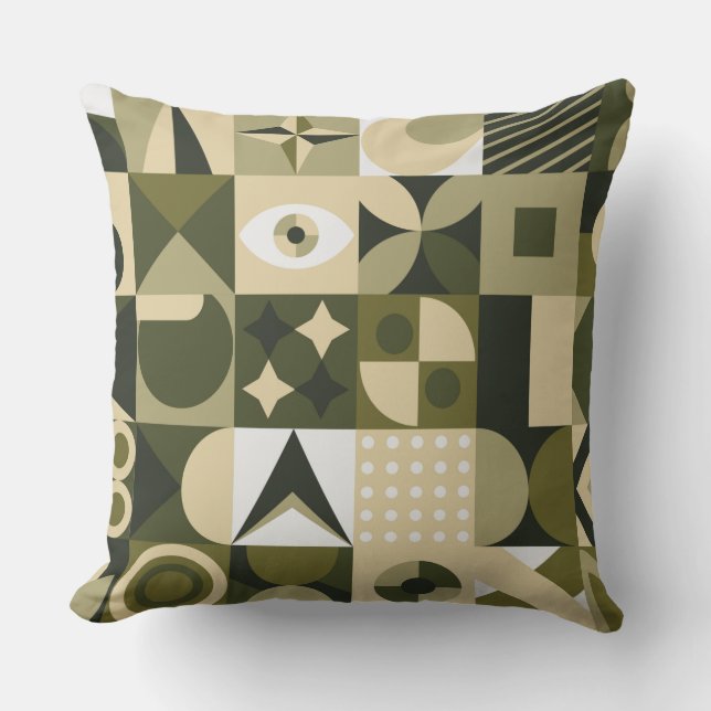 Modern Olive & Sage Geometric Abstract Mosaic Pill Cushion (Front)