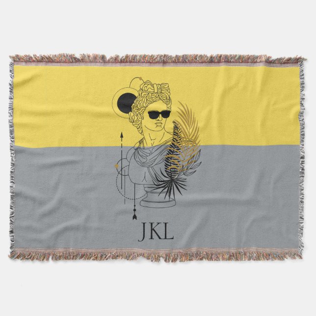 Modern Olympic God Apollo Colorblock Monogram Throw Blanket (Front)