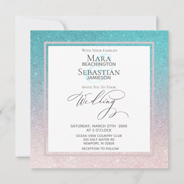 *~* Modern Ombre Beach Glitter Trendy AR4 Wedding Invitation (Front)