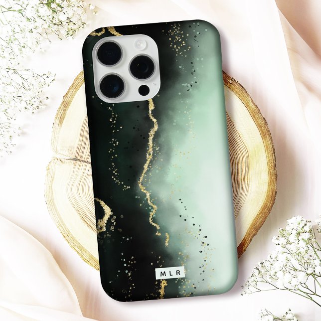 Modern Ombre Dusty Green & Gold Moody Monogram Case-Mate iPhone Case (Protect your phone in style with this elegant "Ethereal Mist" monogrammed iPhone case)
