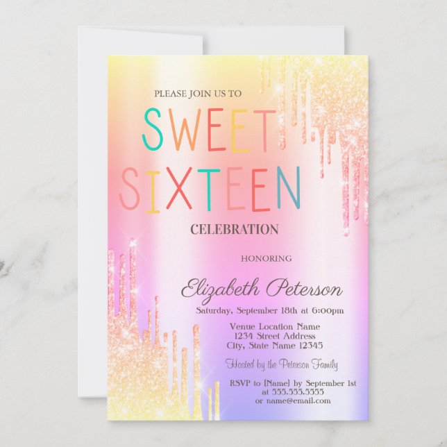 Modern Ombre Glitter Drips Colourful Sweet 16 Invitation (Front)