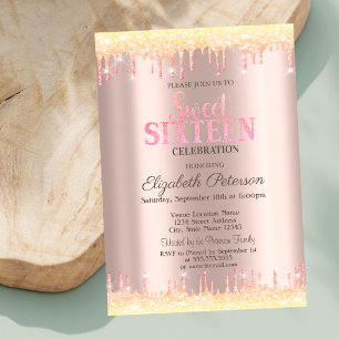 Modern Ombre Glitter Drips Rose Gold  Sweet 16  Invitation