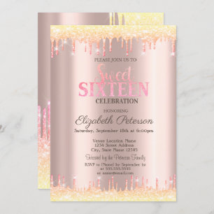 Modern Ombre Glitter Drips Rose Gold Sweet 16 Invitation