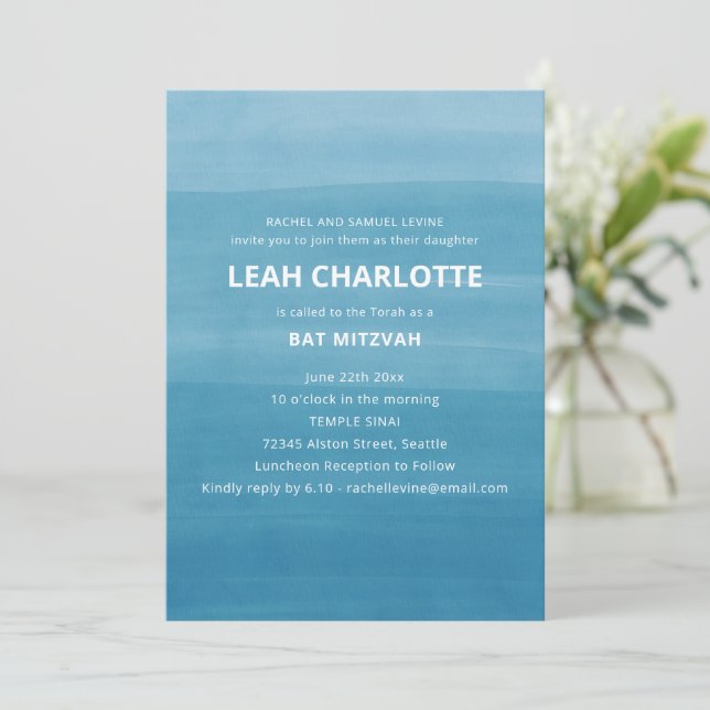 Modern Ombre Gradient Ocean Teal Blue Bat Mitzvah Invitation (Standing Front)