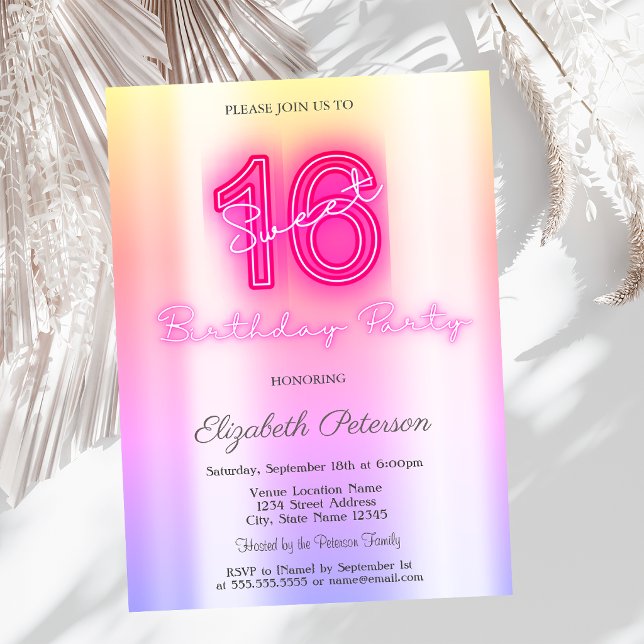 Modern Ombre Neon Sweet 16 Invitation (Creator Uploaded)