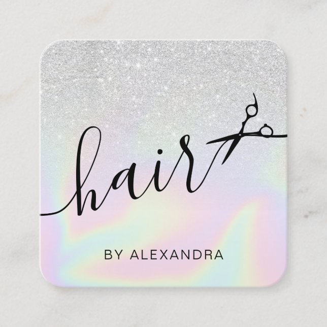 Modern ombre silver holographic hairstylist square business card (Front)