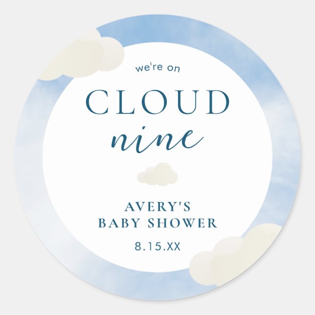 Modern On Cloud 9 Baby Shower Favour Classic Round Sticker (Front)