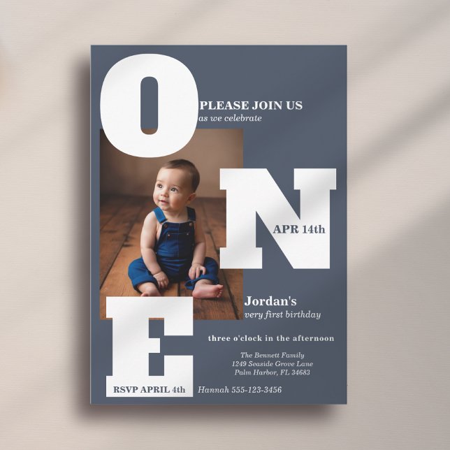Modern ONE first birthday photo dark dusty blue Invitation (Creator Uploaded)
