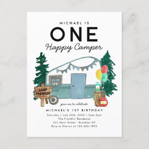 Modern One Happy Camper Trees Camping 1st Birthday Postcard