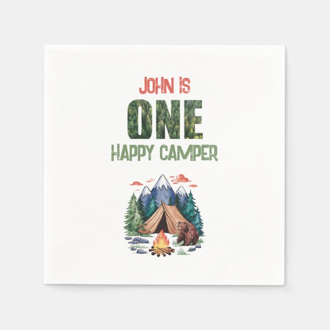 Modern One Happy Camper Watercolor 1st Birthday Napkin (Front)