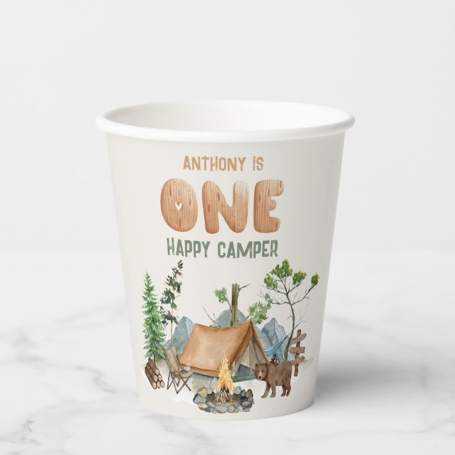 Modern One Happy Camper Watercolor 1st Birthday Paper Cups (Front)