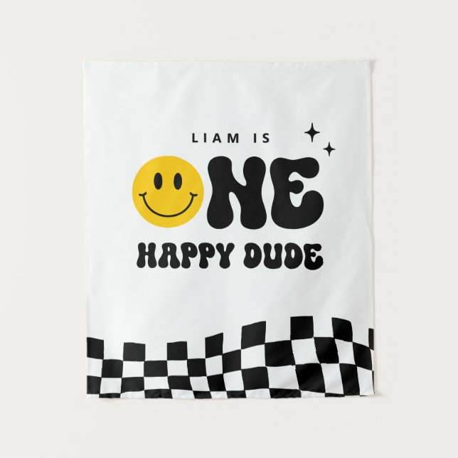 Modern ONE Happy Dude Birthday Party Tapestry (Front)