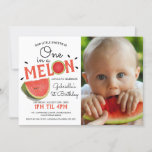 Modern One in a Melon Photo | Summer Kids Birthday Invitation<br><div class="desc">Modern One in a Melon Birthday Party invitation,  featuring a photograph of the birthday child,  a contemporary design of a watermelon,  watermelon seeds,  the text "our little sweetie is" and a birthday template that is easy to customise.</div>