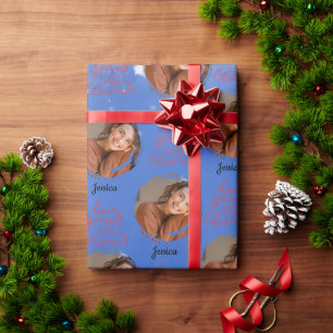 Modern One photo Customisable name Blue Christmas Wrapping Paper