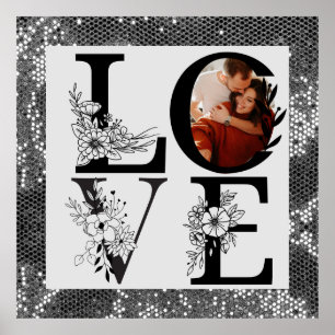 Modern ONE Photo floral silver glitter valentine Poster
