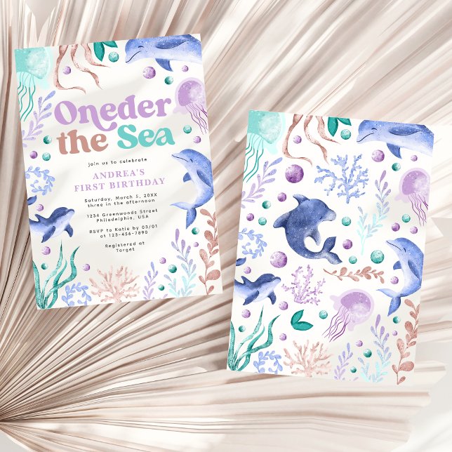 Modern Oneder the Sea Dolphin Retro First Birthday Invitation (Creator Uploaded)